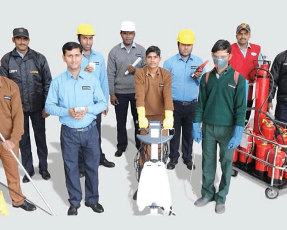 Facility services team with a cleaning machine and safety equipment